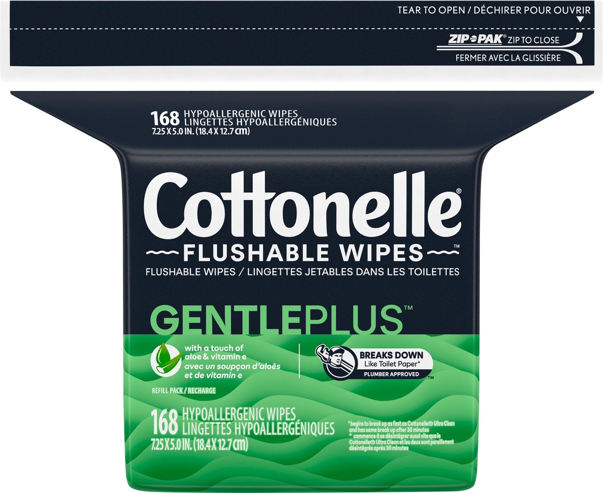 slide 9 of 10, Cottonelle GentlePlus Flushable Wet Wipes with Aloe & Vitamin E, Adult Wet Wipes, 1 Refill Pack, 168 Wipes Per Pack, 168 ct