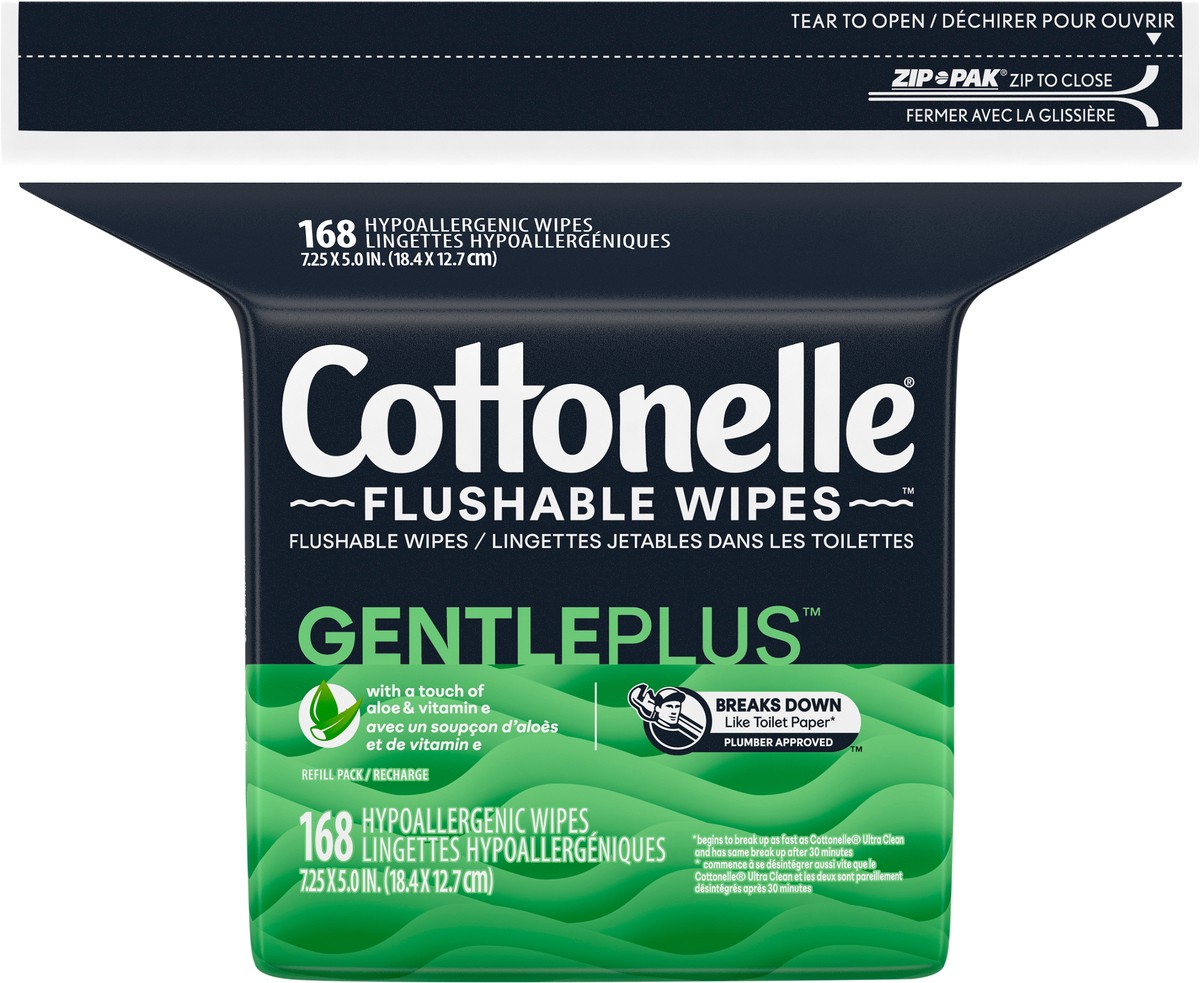 slide 6 of 10, Cottonelle GentlePlus Flushable Wet Wipes with Aloe & Vitamin E, Adult Wet Wipes, 1 Refill Pack, 168 Wipes Per Pack, 168 ct