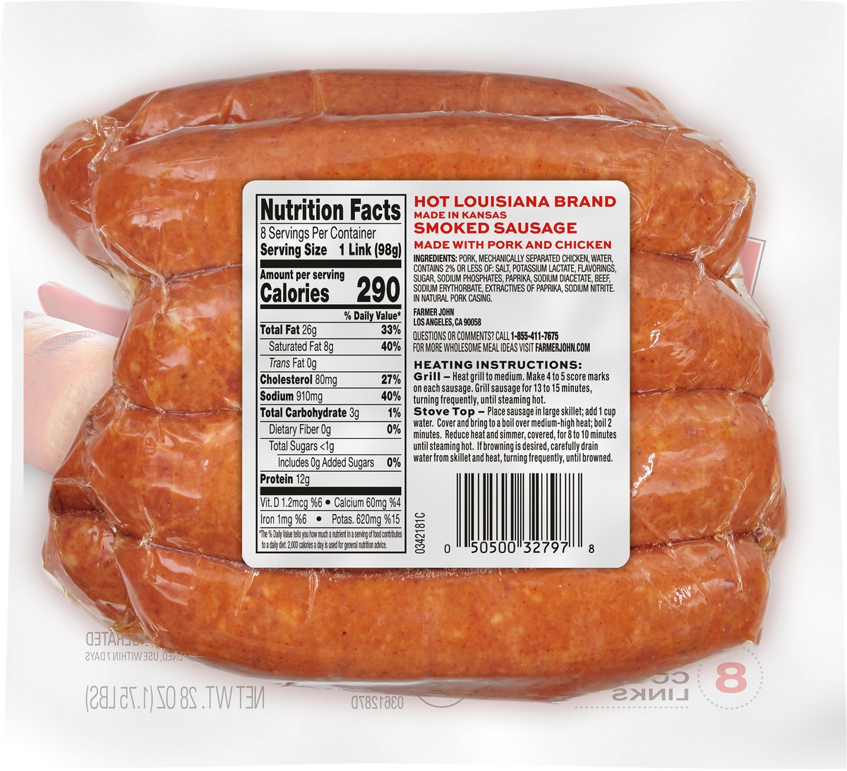 slide 6 of 6, Farmer John Hot Louisiana Brand Smoked Sausage, 8 ct