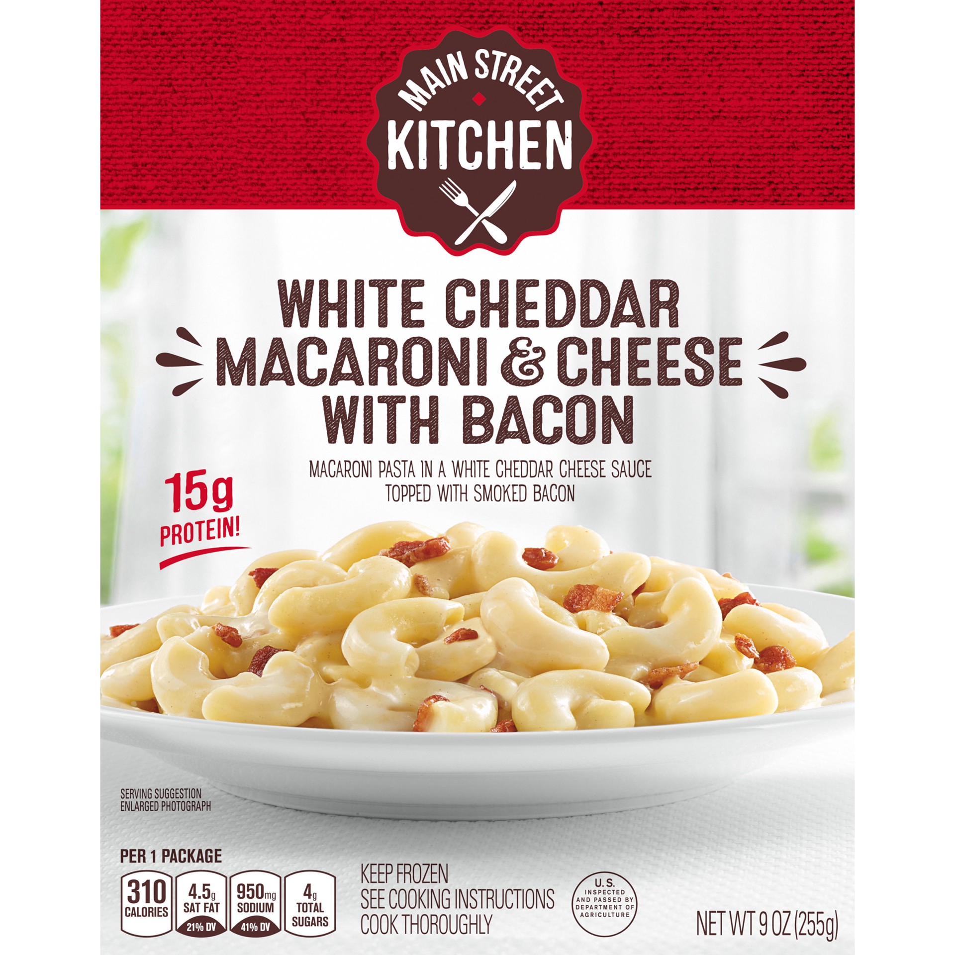 slide 2 of 5, Main Street Kitchen White Cheddar Macaroni & Cheese Pasta with Bacon Frozen Meal, 9 oz Box, 9 oz