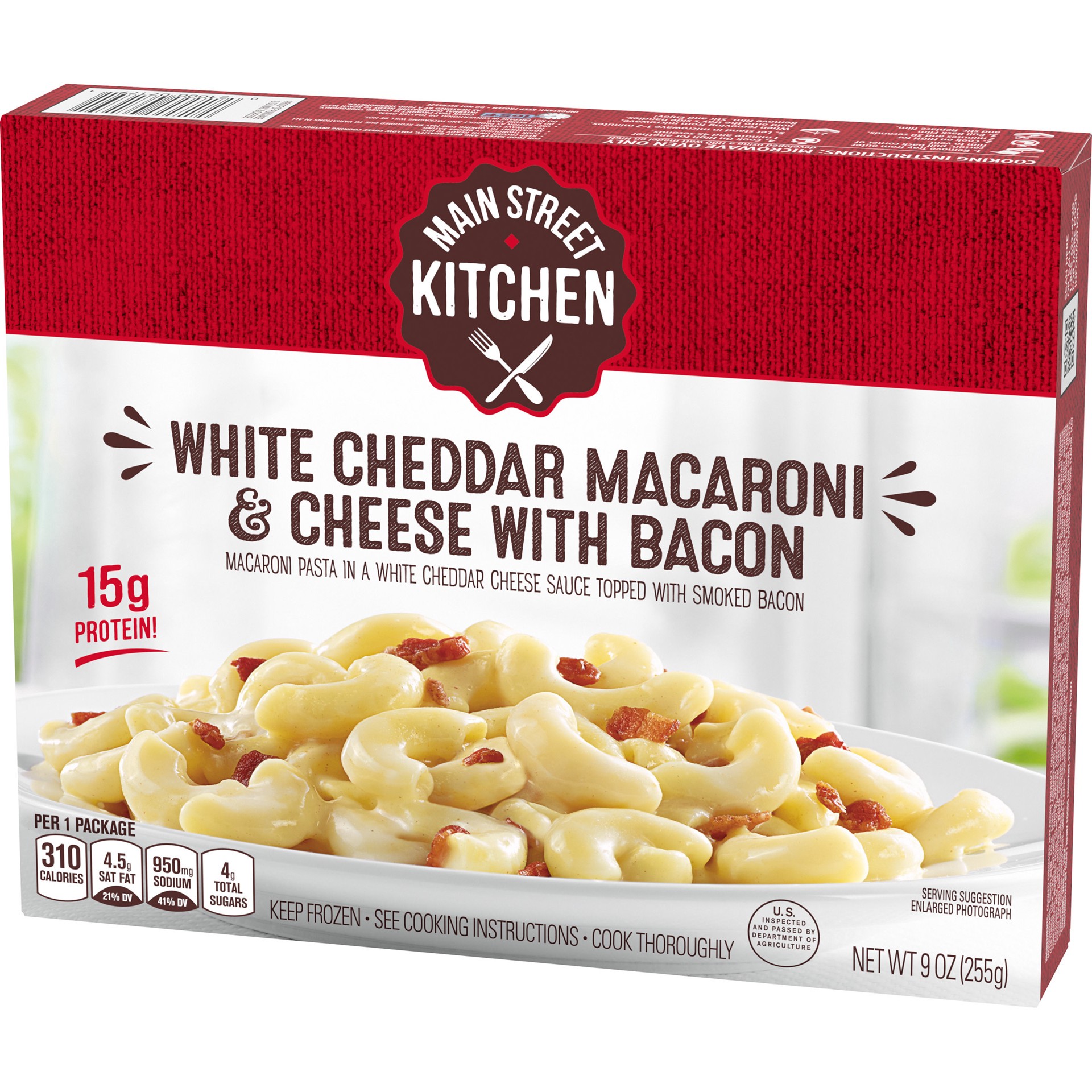 slide 4 of 5, Main Street Kitchen White Cheddar Macaroni & Cheese Pasta with Bacon Frozen Meal, 9 oz Box, 9 oz