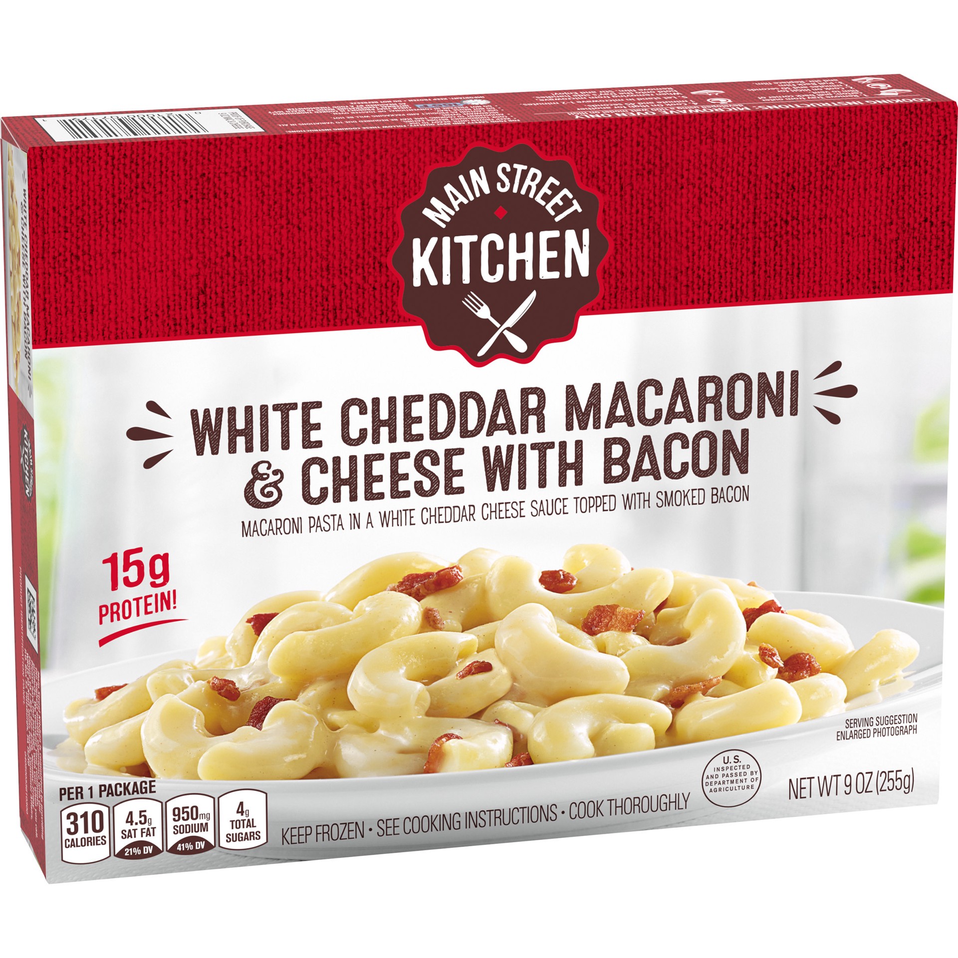 slide 5 of 5, Main Street Kitchen White Cheddar Macaroni & Cheese Pasta with Bacon Frozen Meal, 9 oz Box, 9 oz