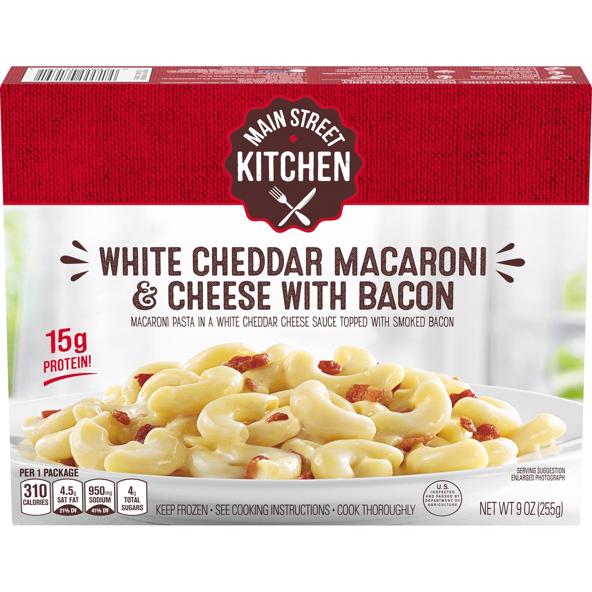 slide 1 of 5, Main Street Kitchen White Cheddar Macaroni & Cheese Pasta with Bacon Frozen Meal, 9 oz Box, 9 oz