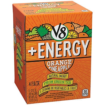 slide 1 of 1, V8 Energy Orange Pineapple Juice Lightly Carbonated, 4 ct; 12 fl oz