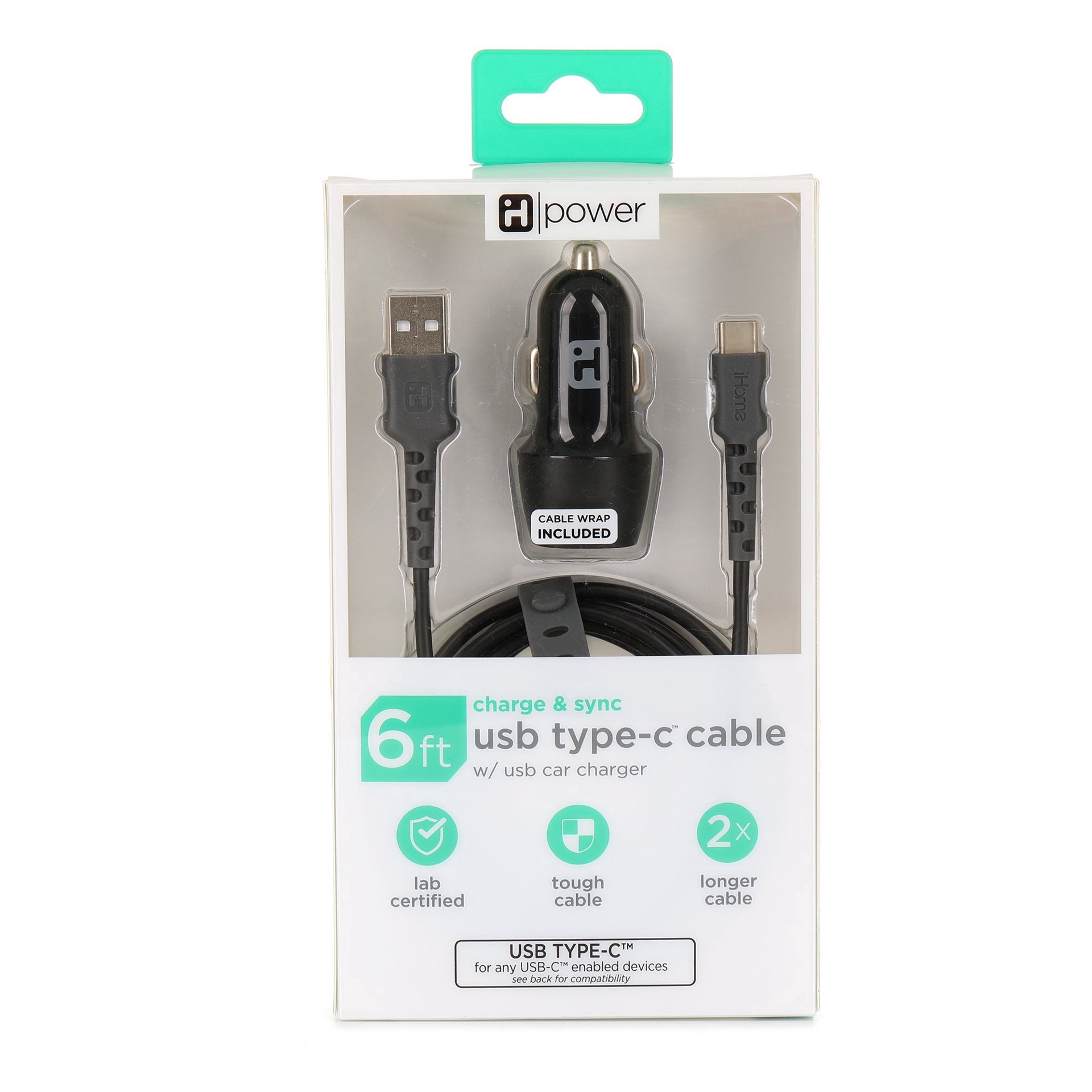 slide 1 of 1, iHome Black USB Car Charger & 6' USB Type-C Cable Set, 6 ft