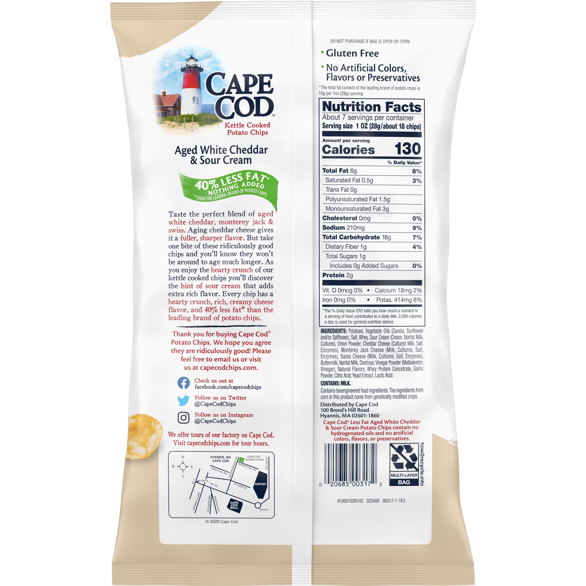 slide 3 of 5, Cape Cod Less Fat White Cheddar & Sour Cream Chips, 7.5 Oz Bag, 7.5 oz