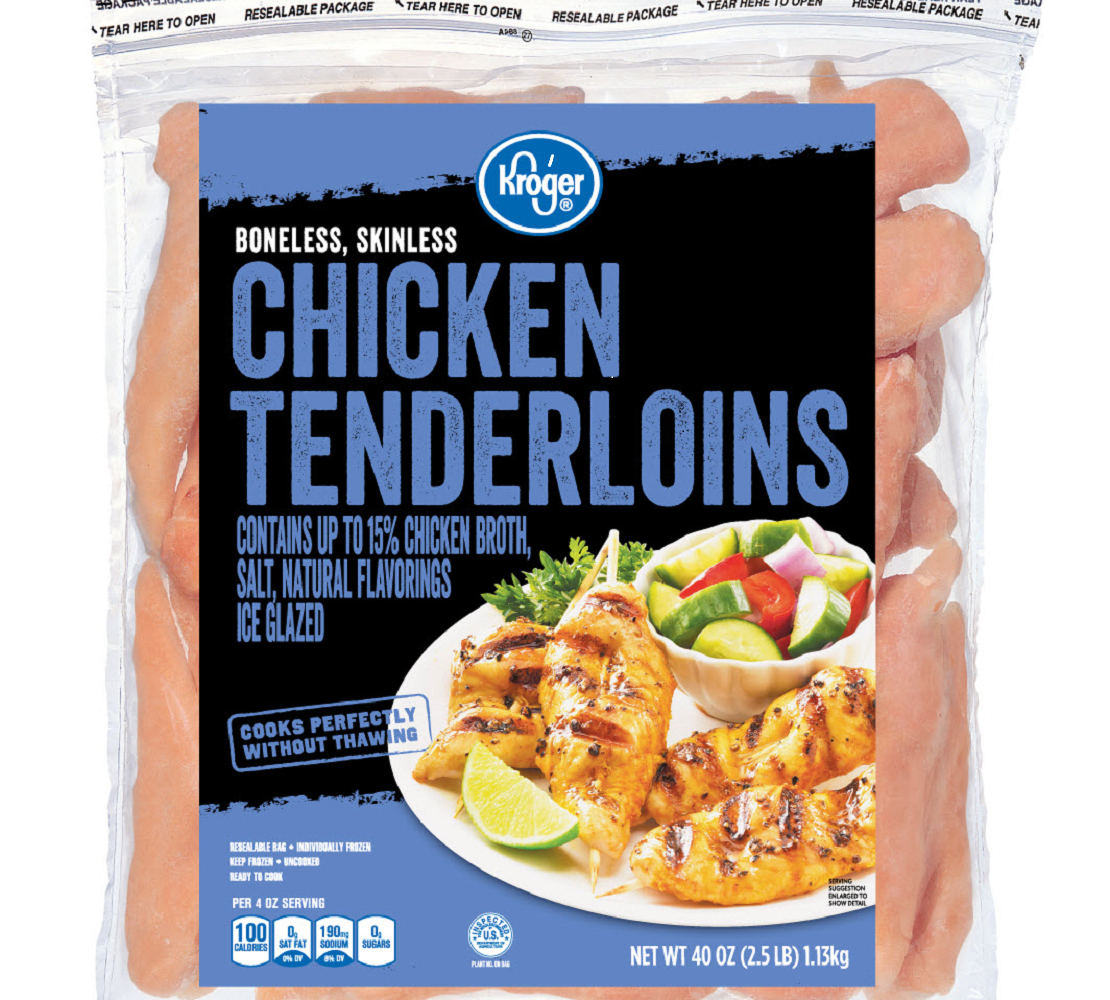 slide 1 of 1, KROGER Ready To Cook, Boneless, Skinless Chicken Tenderloins, Ice Glazed, 1.13 kg