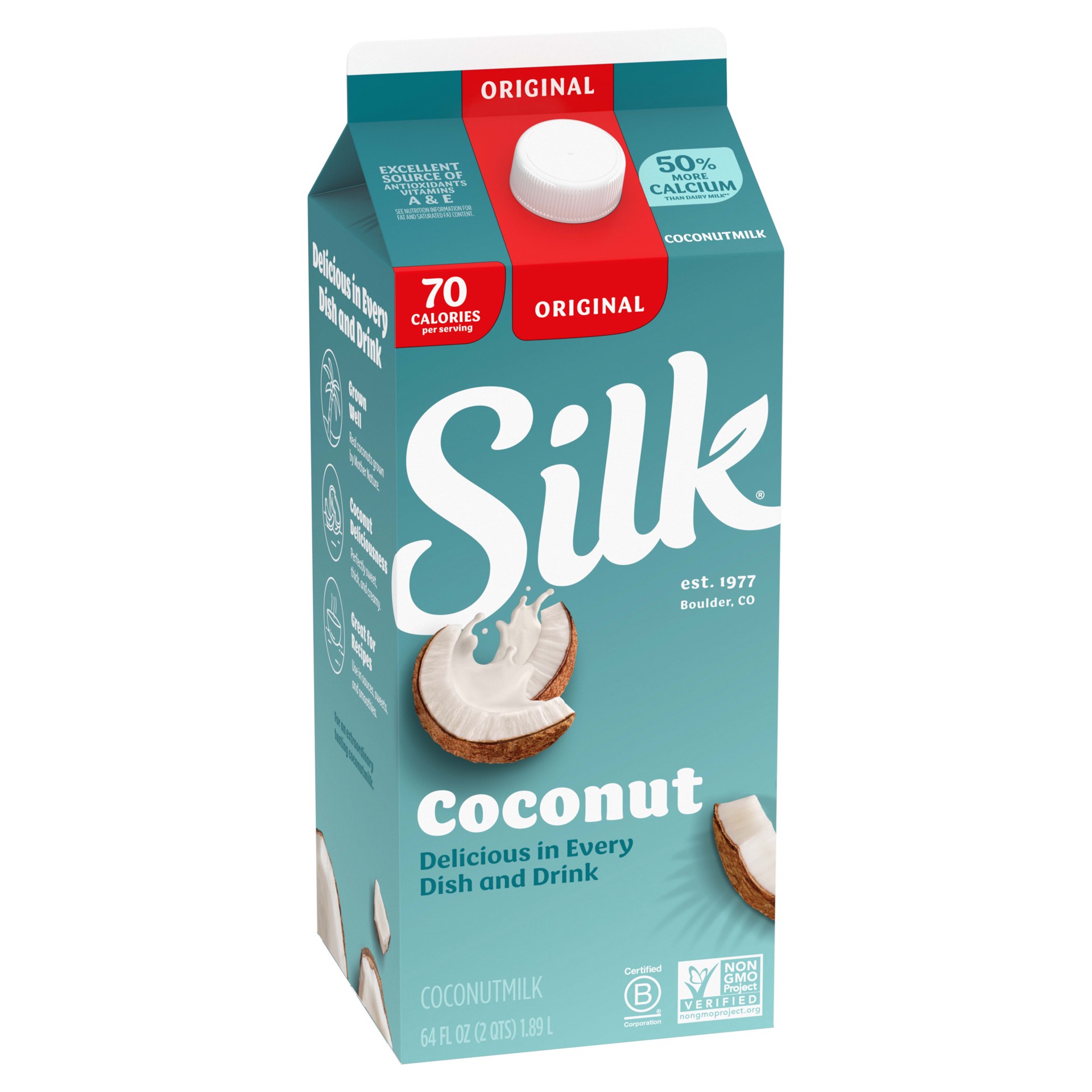 slide 4 of 5, Silk Coconut Milk, Original, Dairy Free, Gluten Free, Delicious Vegan Milk with 50% More Calcium than Dairy Milk, 64 FL OZ Half Gallon, 64 fl oz