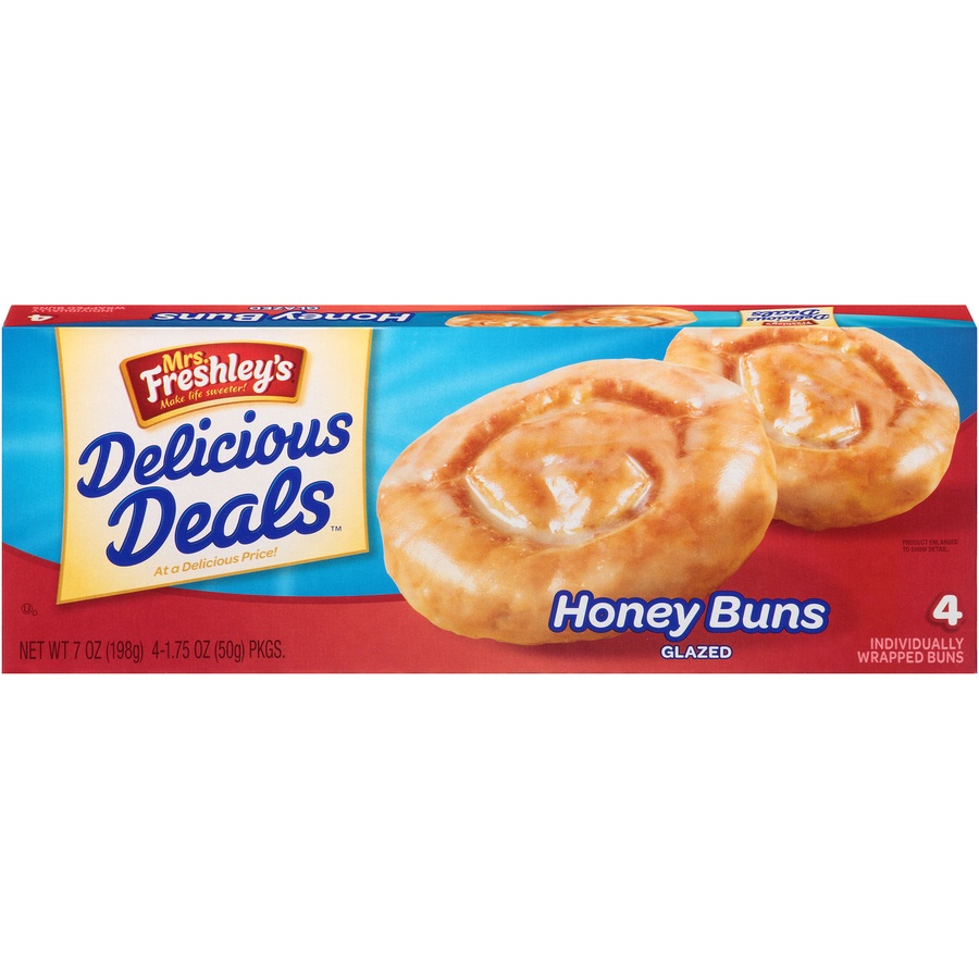 slide 1 of 8, Mrs. Freshley's Delicious Deals Glazed Honey Buns, 4 ct; 1.75 oz