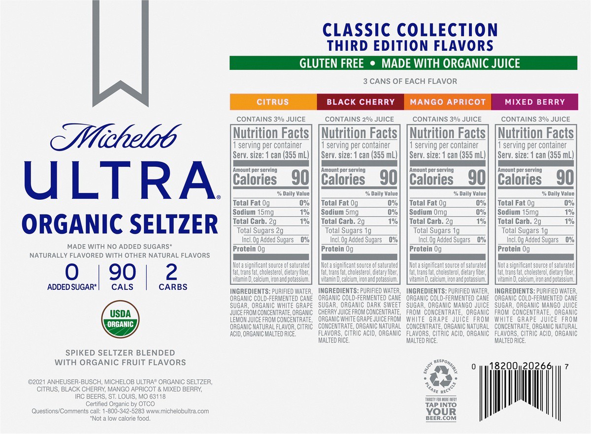 slide 2 of 11, Michelob ULTRA Second Edition Flavors Organic Hard Seltzer, Variety Pack, 12 Pack, 12 FL OZ Slim Cans, 12 ct; 12 oz