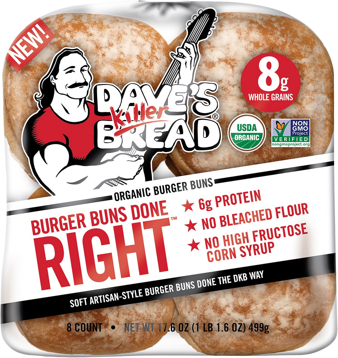 slide 7 of 8, Dave's Killer Bread Burger Buns Done Right, Organic White Bread Hamburger Buns, 8 Count, 1 ct