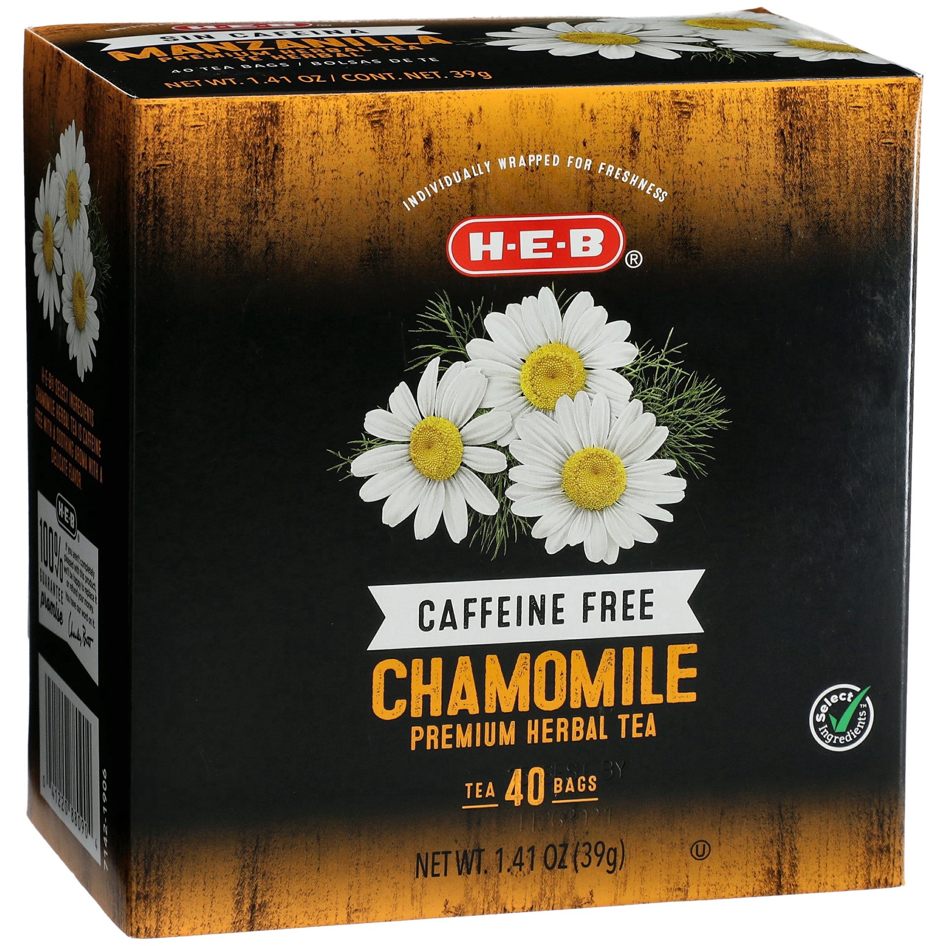 slide 1 of 1, H-E-B Caffeine-Free Chamomile Herbal Tea Bags, 40 ct