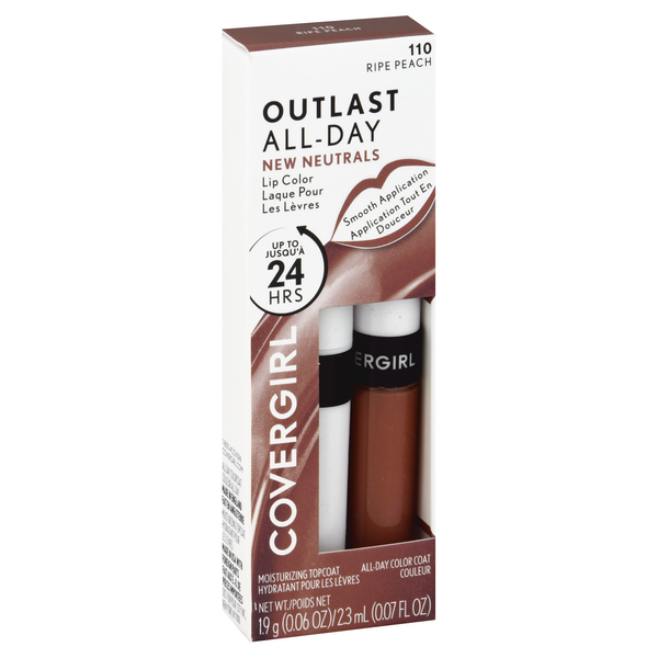 slide 1 of 1, Covergirl Outlast All Day Lip Color & Top Coat, Moisturizing, Ripe Peach 110, 0.07 fl oz