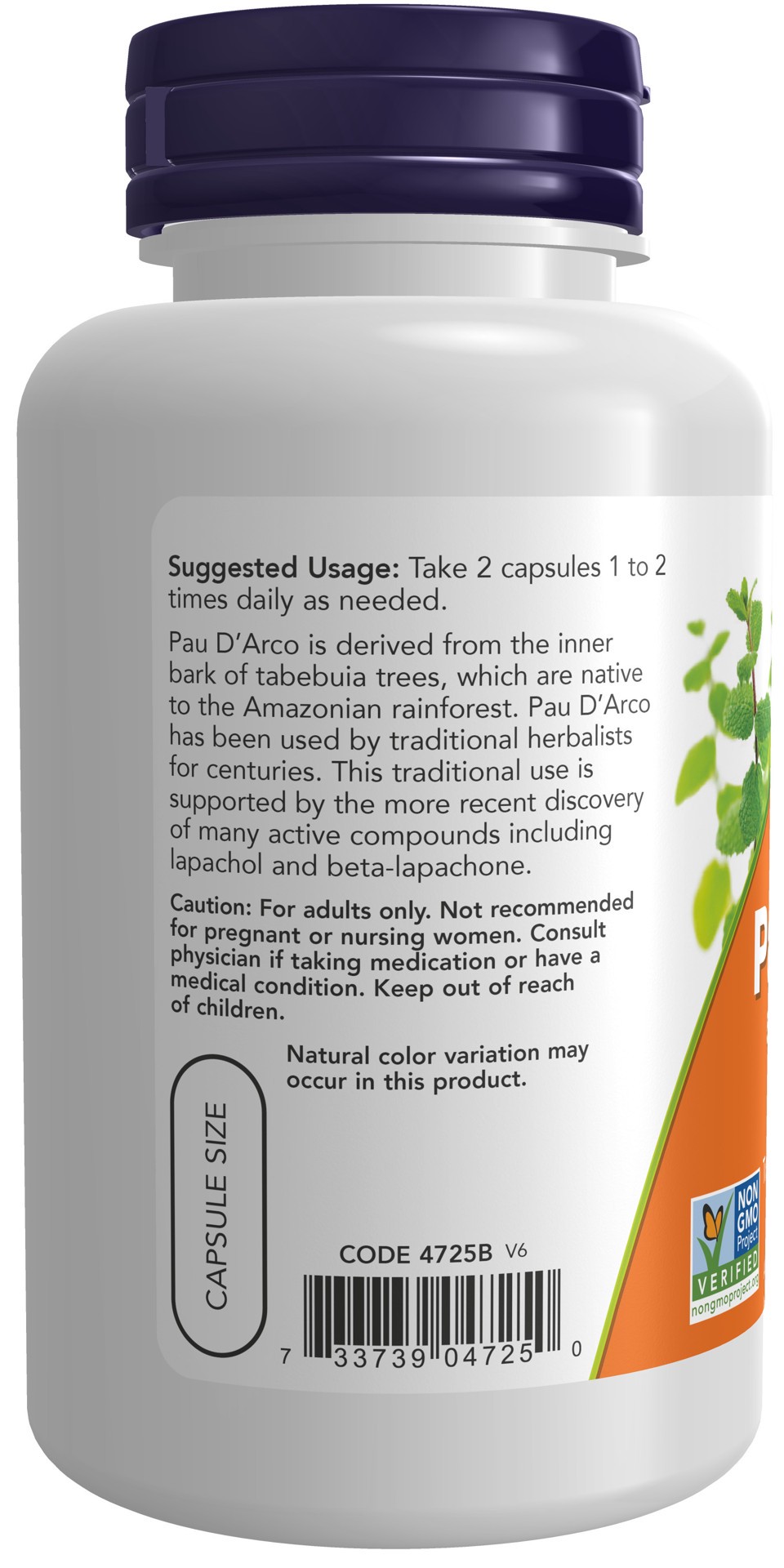 slide 3 of 4, NOW Pau D' Arco 500 mg - 100 Veg Capsules, 100 ct