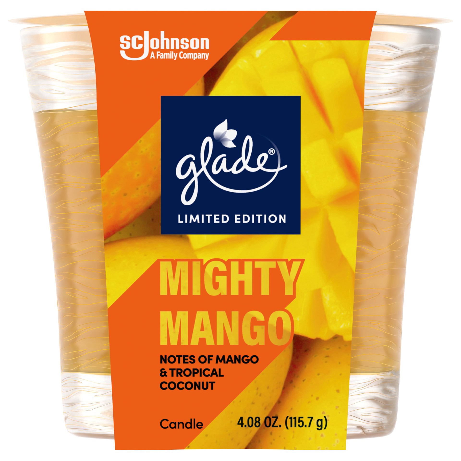 slide 1 of 1, Glade Candle, Mighty Mango Limited Edition, Fragrance Infused with Essential Oils, 3.4 oz, 4 oz