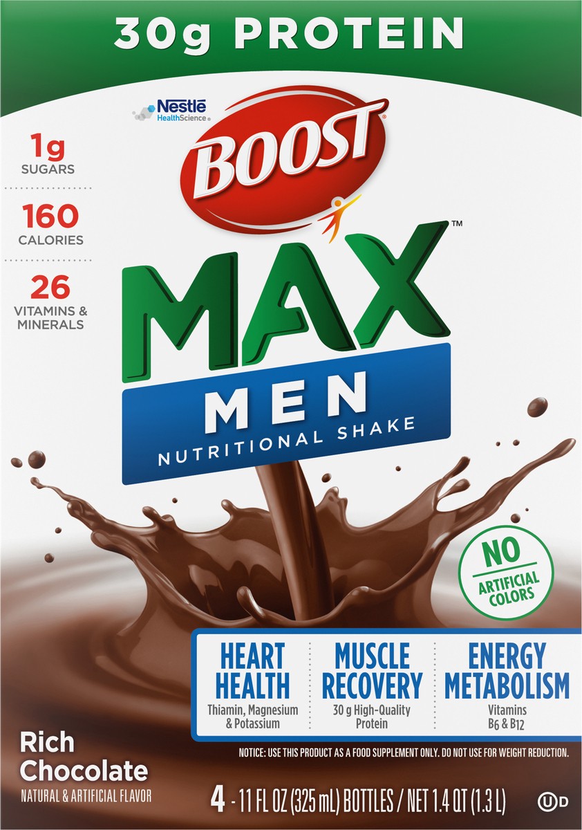 slide 9 of 14, BOOST Max Men Nutritional Drink, Rich Chocolate, 30g Protein, 4 - 11 fl oz Bottles, 44 fl oz