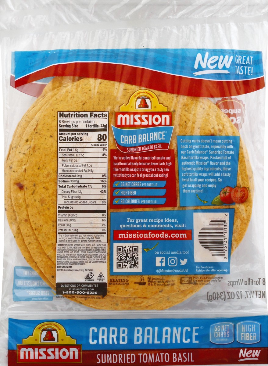 slide 9 of 9, Mission Carb Balance Super Soft Sundried Tomato Basil Tortilla Wraps 8 ea, 8 ct