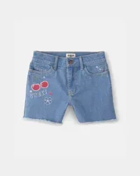 Oshkosh Girls Cherry Denim Embroidered Midi Shorts - Medium Wash Blue, Size 10
