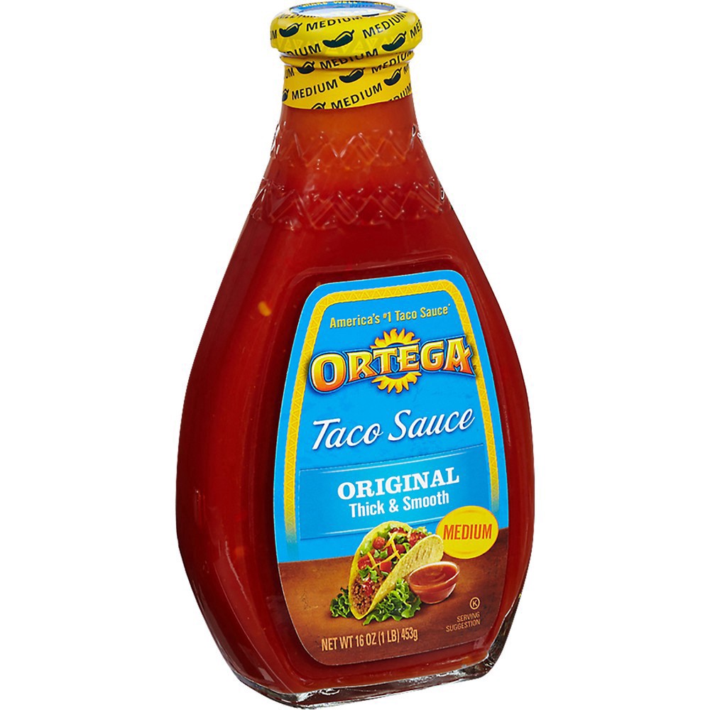 slide 4 of 9, Ortega Original Thick and Smooth Medium Taco Sauce, Kosher, 16 OZ Glass Bottle, 16 oz