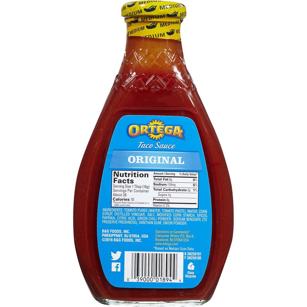 slide 5 of 9, Ortega Original Thick and Smooth Medium Taco Sauce, Kosher, 16 OZ Glass Bottle, 16 oz