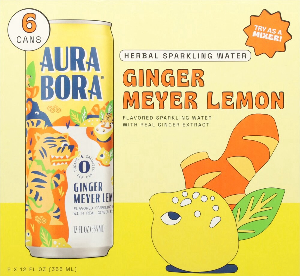 slide 6 of 6, Aura Bora Herbal Ginger Meyer Lemon Sparkling Water 6 - 12 fl oz Cans, 6 ct; 12 oz