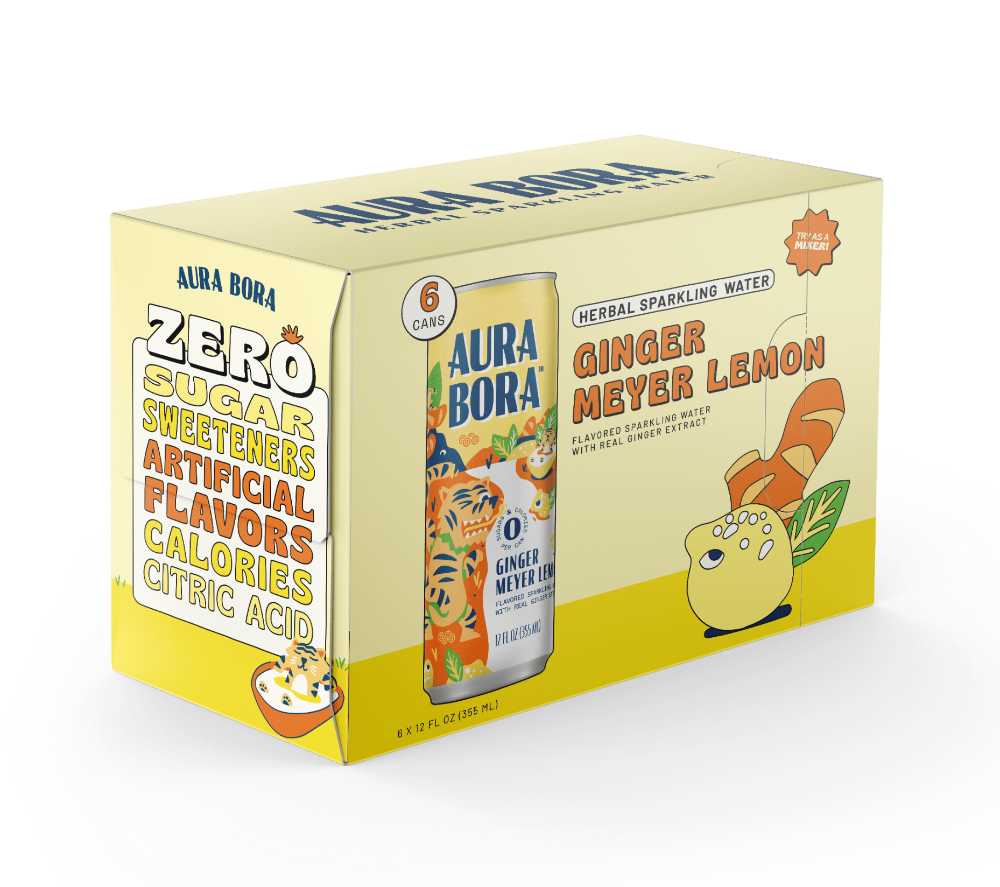 slide 1 of 6, Aura Bora Herbal Ginger Meyer Lemon Sparkling Water 6 - 12 fl oz Cans, 6 ct; 12 oz