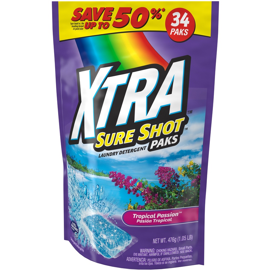 slide 3 of 6, Xtra Sure Shot Tropical Passion Laundry Detergent Paks, 34 ct