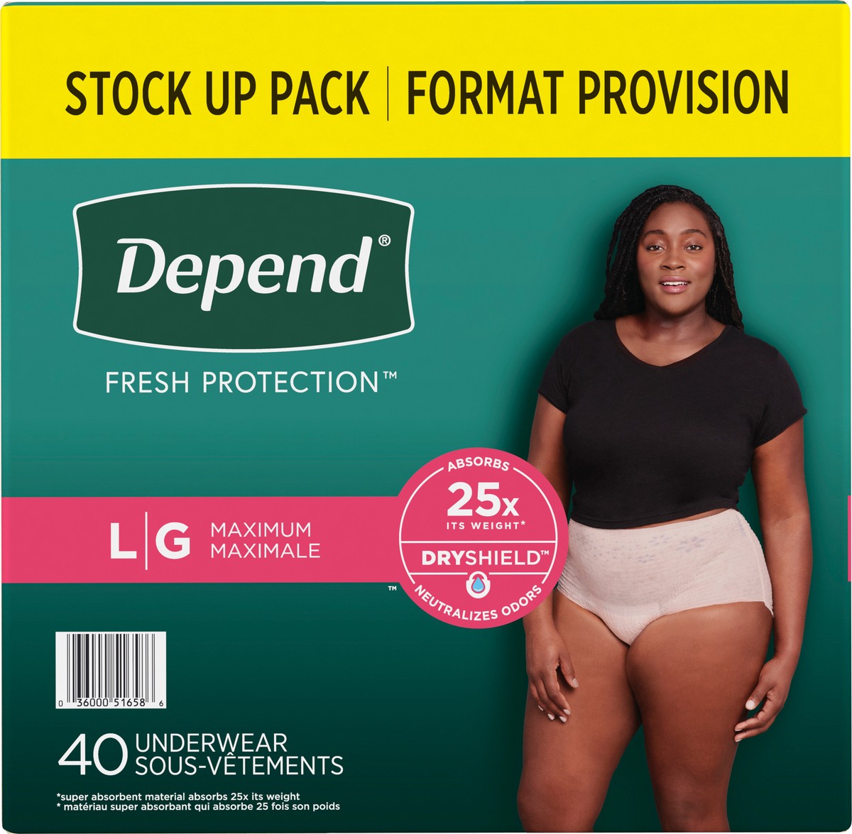 slide 6 of 9, Depend Fresh Protection Adult Incontinence & Postpartum Bladder Leak Underwear for Women, Disposable, Maximum, Large, Blush, 40 Count, 40 ct