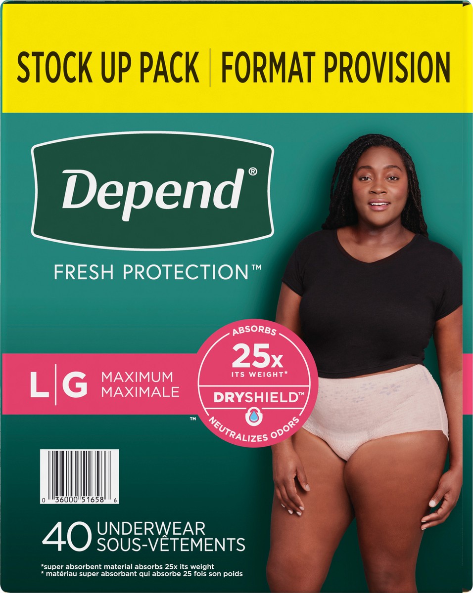 slide 9 of 9, Depend Fresh Protection Adult Incontinence & Postpartum Bladder Leak Underwear for Women, Disposable, Maximum, Large, Blush, 40 Count, 40 ct