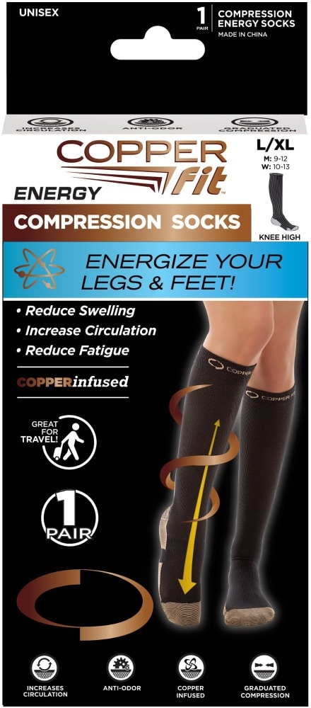 slide 1 of 1, Copper Fit Energy Compression Socks - Black, lxlarge