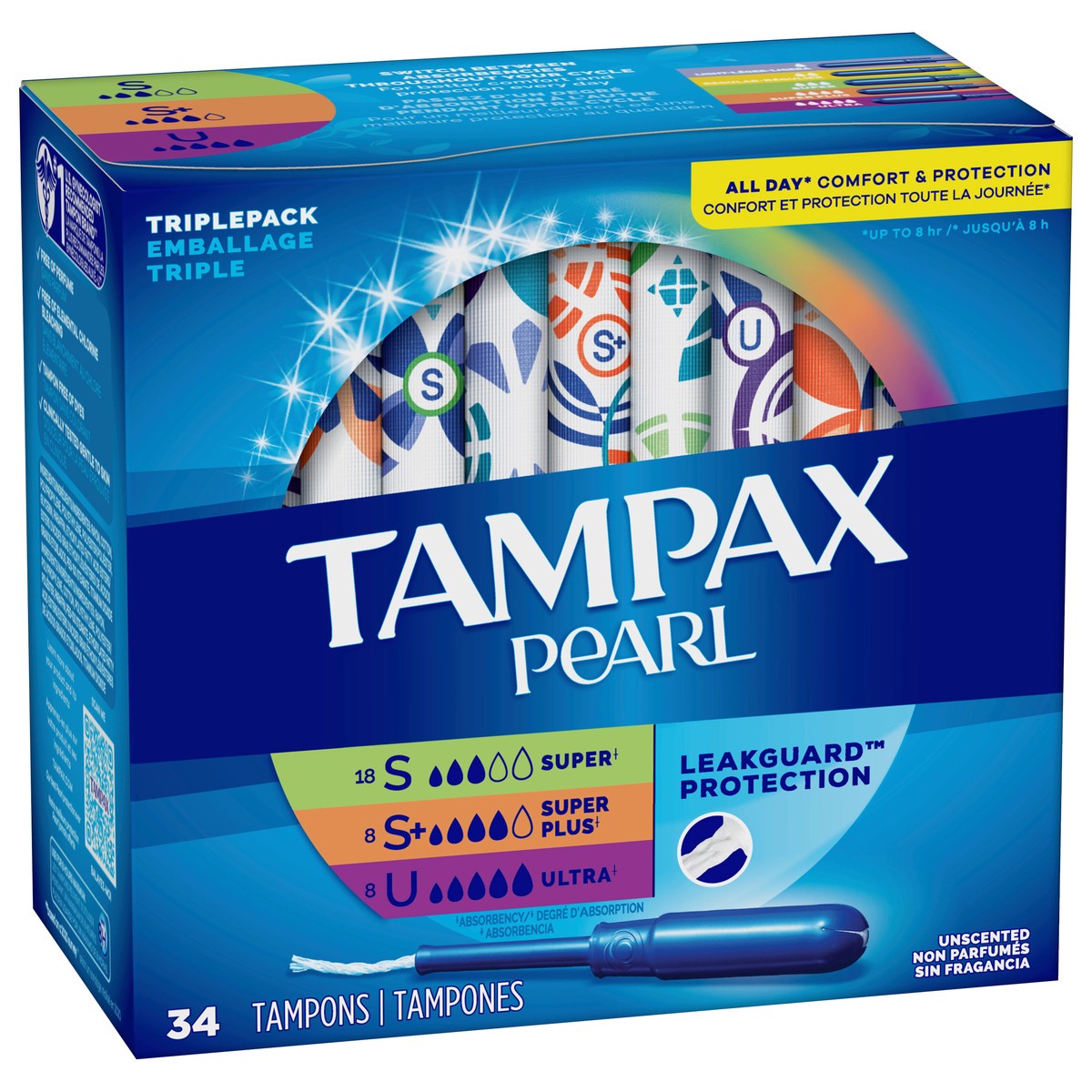 slide 2 of 4, Tampax Pearl Tampons Trio Multipack, with LeakGuard Braid, Super/Super Plus/Ultra Absorbency, Unscented, 34 Count, 34 ct