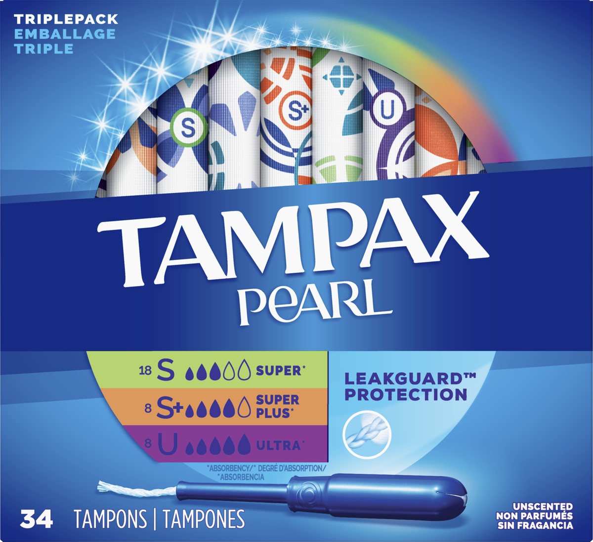 slide 2 of 2, Tampax Pearl Unscented Triple Pack with Super,Super Plus & Ultra Absorbency, 34 ct
