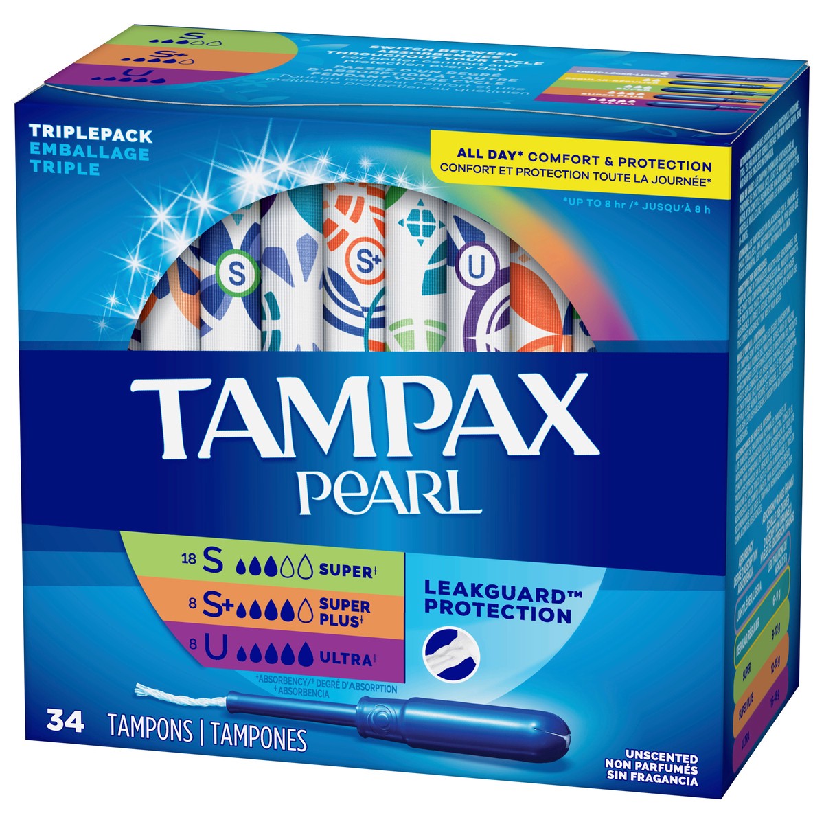 slide 4 of 4, Tampax Pearl Tampons Trio Multipack, with LeakGuard Braid, Super/Super Plus/Ultra Absorbency, Unscented, 34 Count, 34 ct