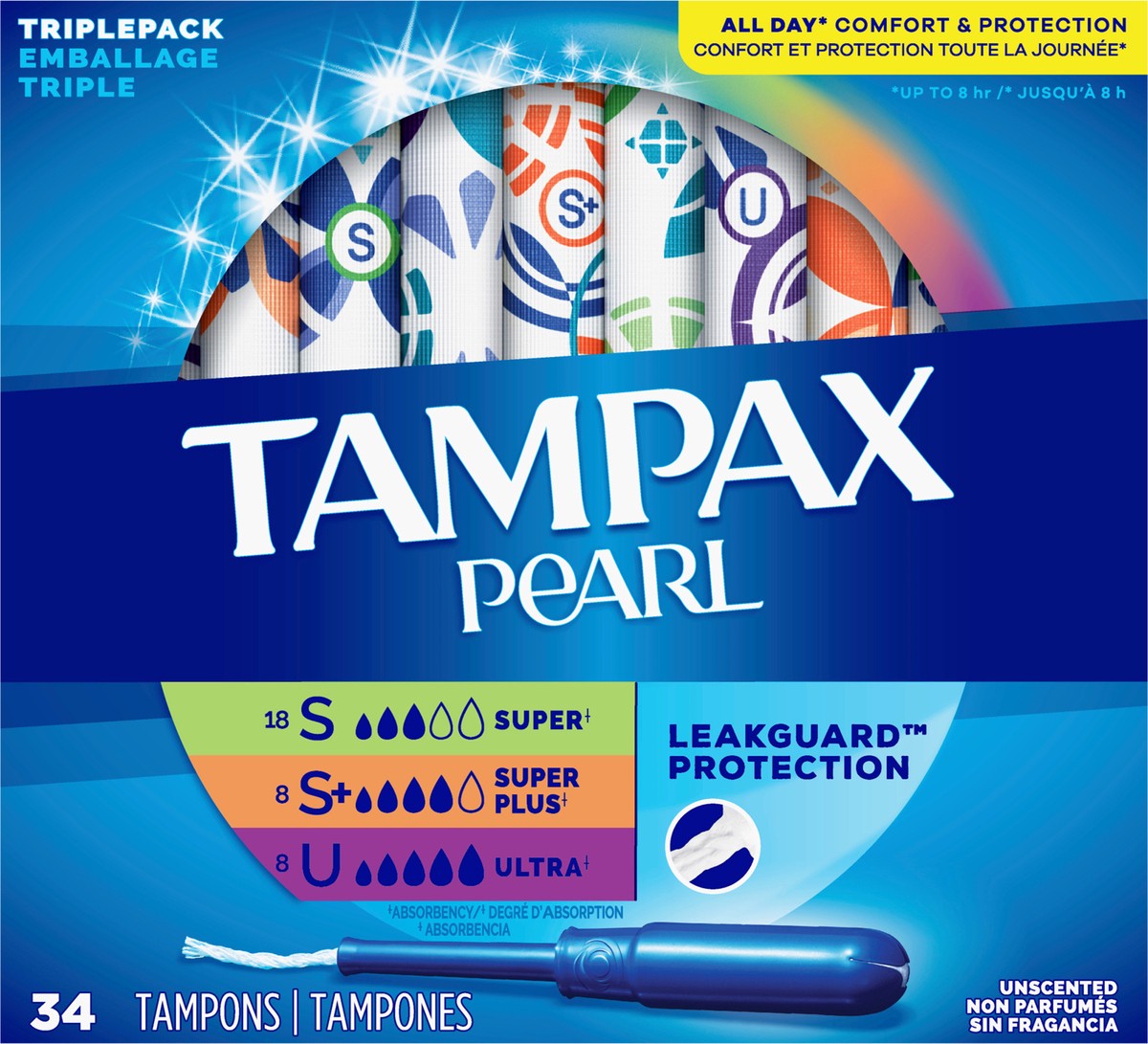 slide 3 of 4, Tampax Pearl Tampons Trio Multipack, with LeakGuard Braid, Super/Super Plus/Ultra Absorbency, Unscented, 34 Count, 34 ct