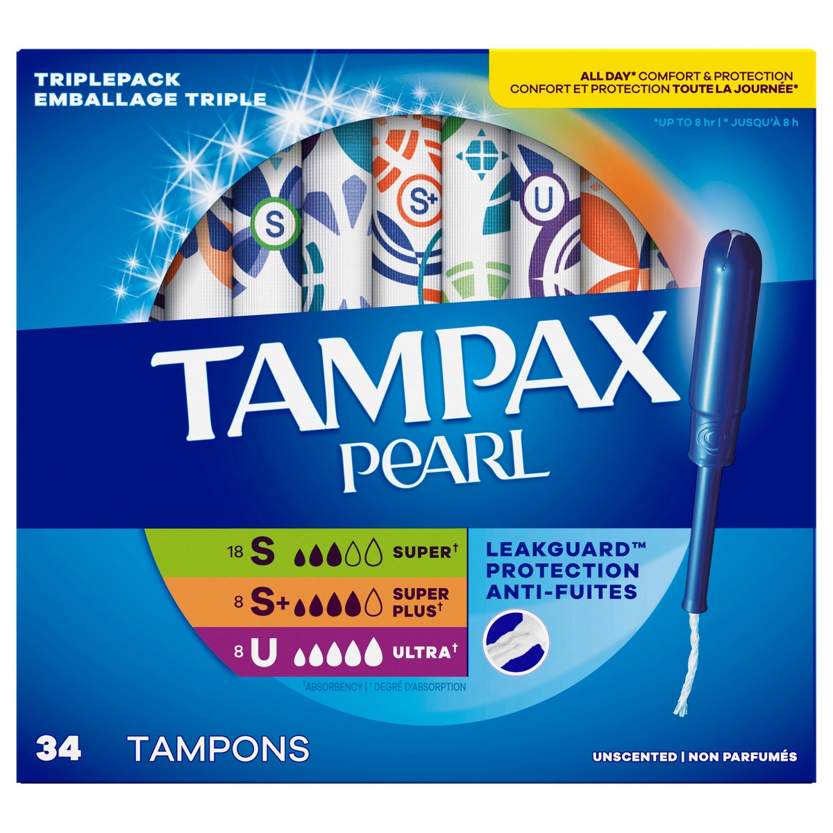 slide 1 of 4, Tampax Pearl Tampons Multipack, with LeakGuard Braid, Super/Super Plus/Ultra Absorbency, Unscented, 34 Count, 34 ct