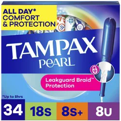 Tampax Pearl Tampons Multipack with LeakGuard Braid, Super/Super Plus/Ultra, 34 Ct