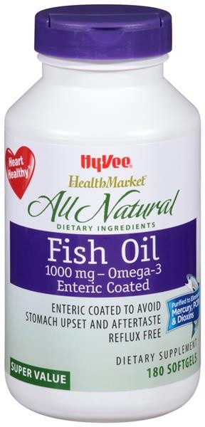 slide 1 of 1, Hy-Vee HealthMarket Enteric Coated Fish Oil Omega-3 Dietary Supplement, 180 ct; 1000 mg