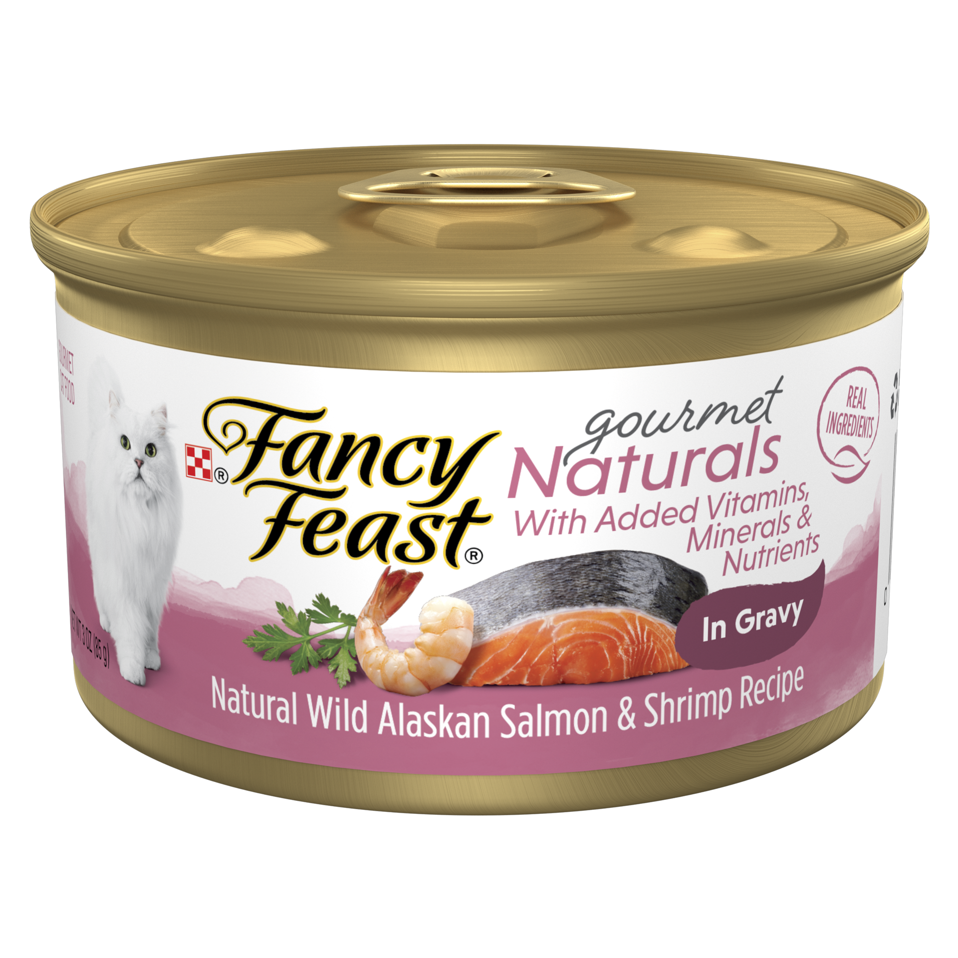 slide 1 of 2, Fancy Feast Gourmet Naturals Wild Alaskan Salmon & Shrimp Recipe in Gravy Adult Wet Cat Food, 3 oz