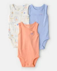 Baby 3-Pack Sunshine Sleeveless Bodysuits - Orange, Blue, Ivory NB