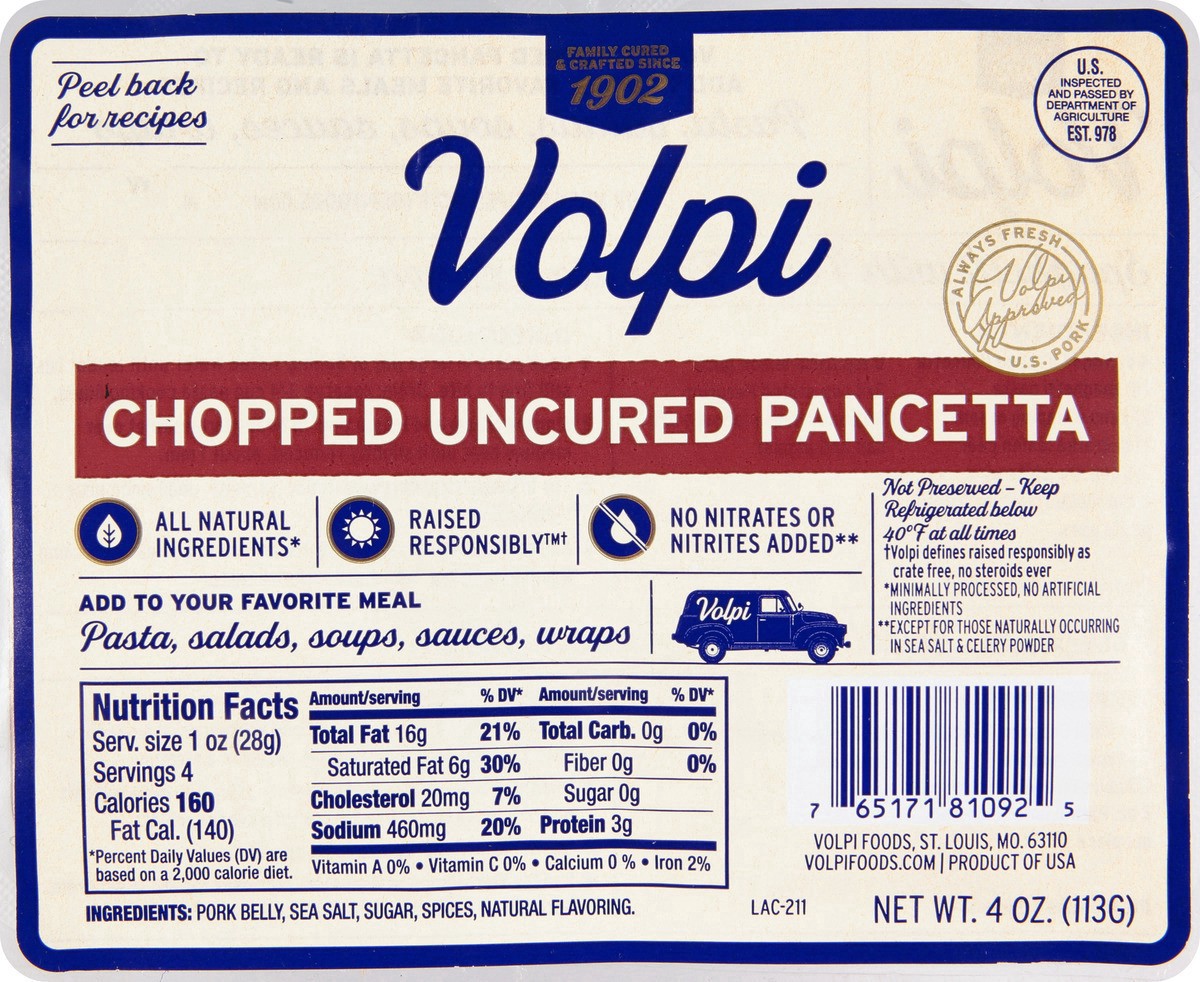 slide 5 of 13, Volpi Chopped Pancetta | Italian Inspired Bacon 4 oz, 4 oz