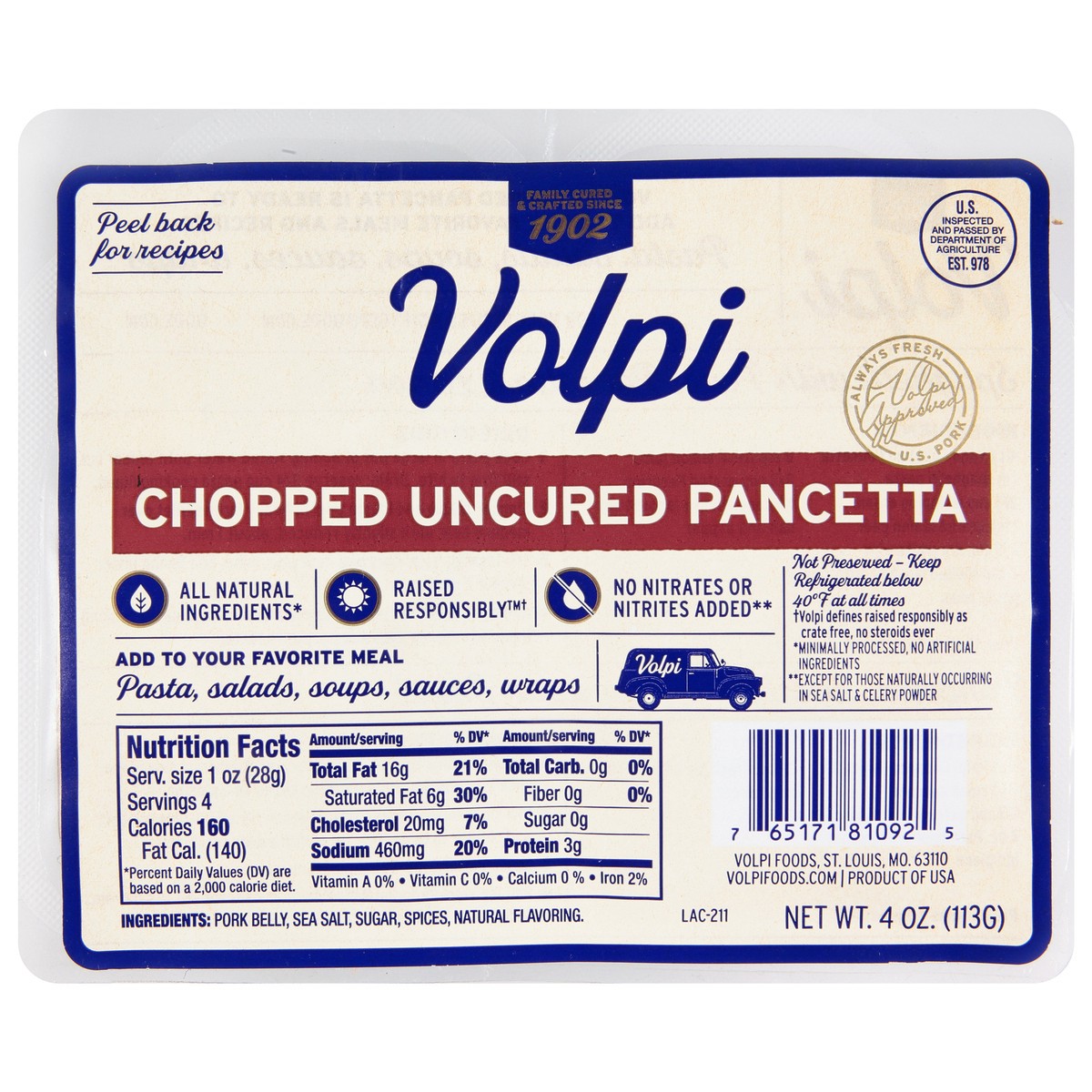 slide 1 of 13, Volpi Chopped Pancetta | Italian Inspired Bacon 4 oz, 4 oz