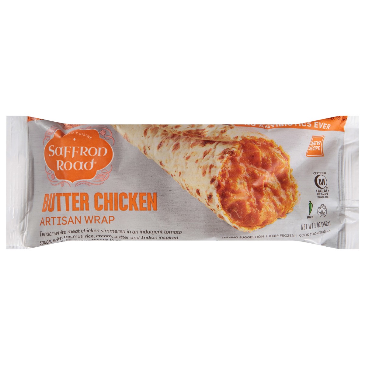slide 1 of 9, Saffron Road Butter Chicken Frozen Burrito Artisan Wrap, 5 oz