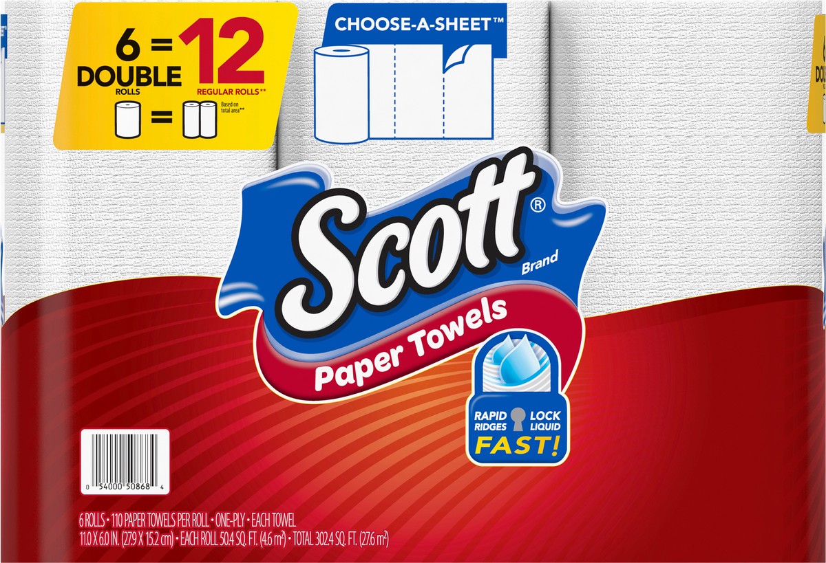 slide 8 of 9, Scott Paper Towels, Choose-A-Sheet - 6 Double Rolls = 12 Regular Rolls (110 Sheets Per Roll), 6 ct