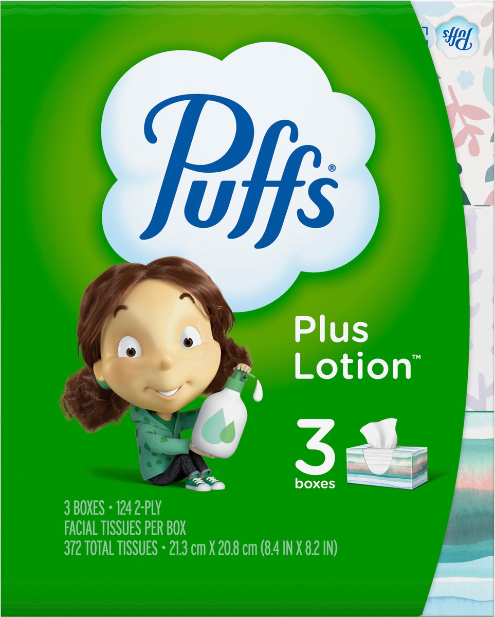 slide 2 of 5, Puffs Plus Lotion Facial Tissue, 3 Family Boxes, 124 Tissues Per Box, 3 ct