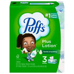 Puffs Plus Lotion Facial Tissue, 3 Family Boxes, 124 Tissues Per Box