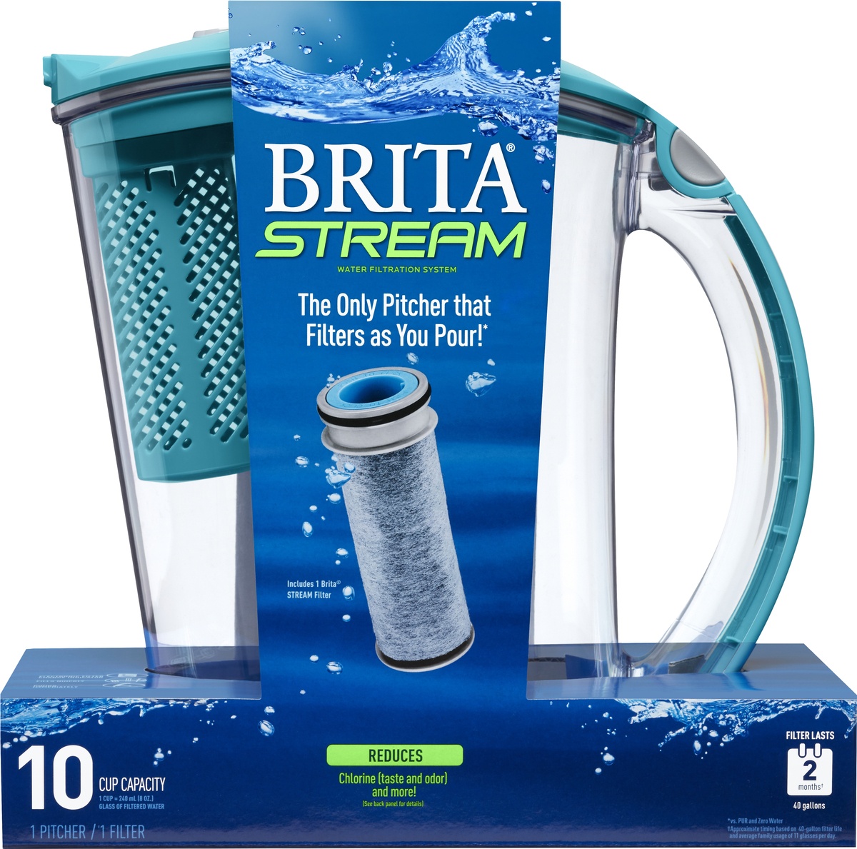 slide 2 of 4, Brita 10 Cup Stream Rapids Filtered Water Pitcher Blue, 1 ct