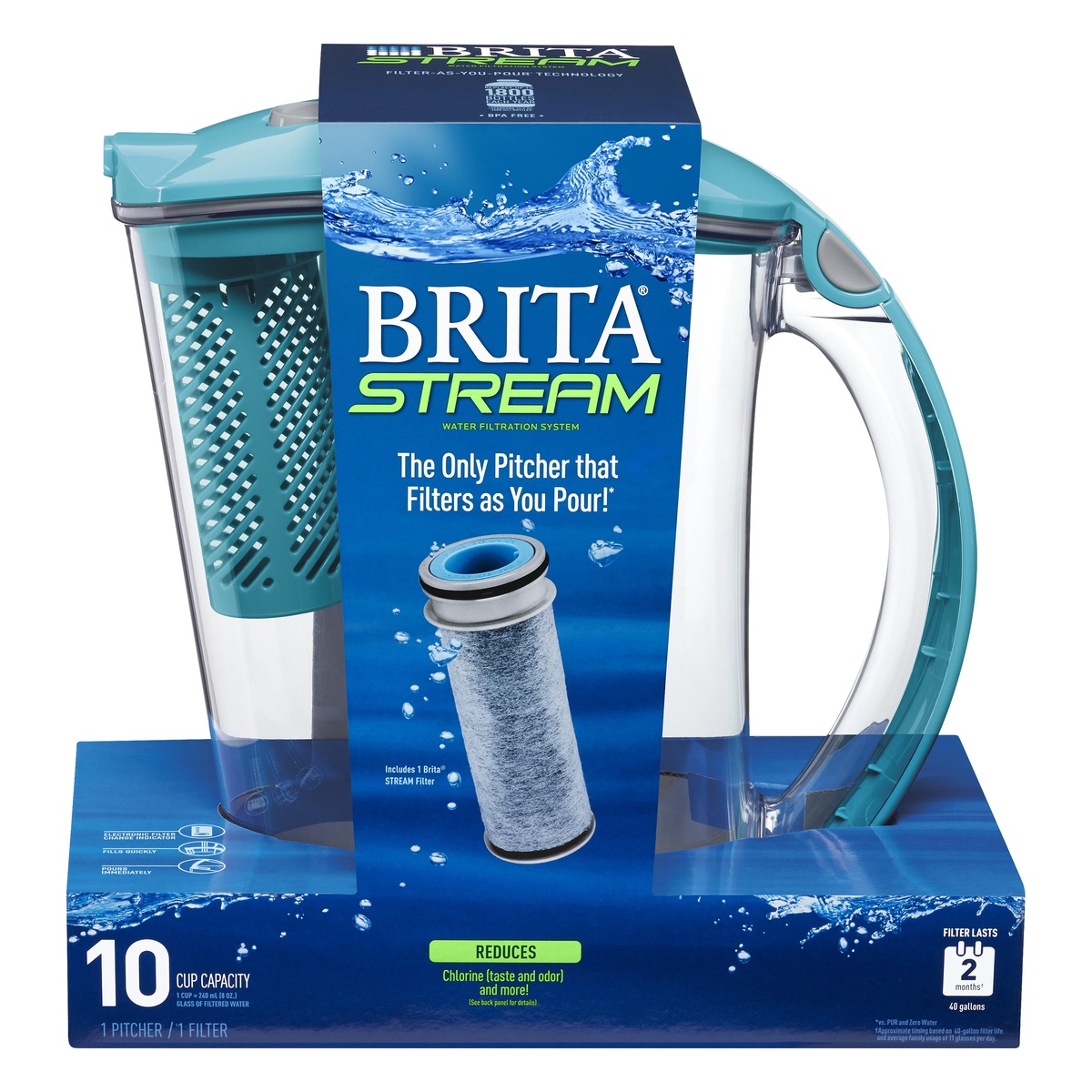 slide 1 of 4, Brita 10 Cup Stream Rapids Filtered Water Pitcher Blue, 1 ct