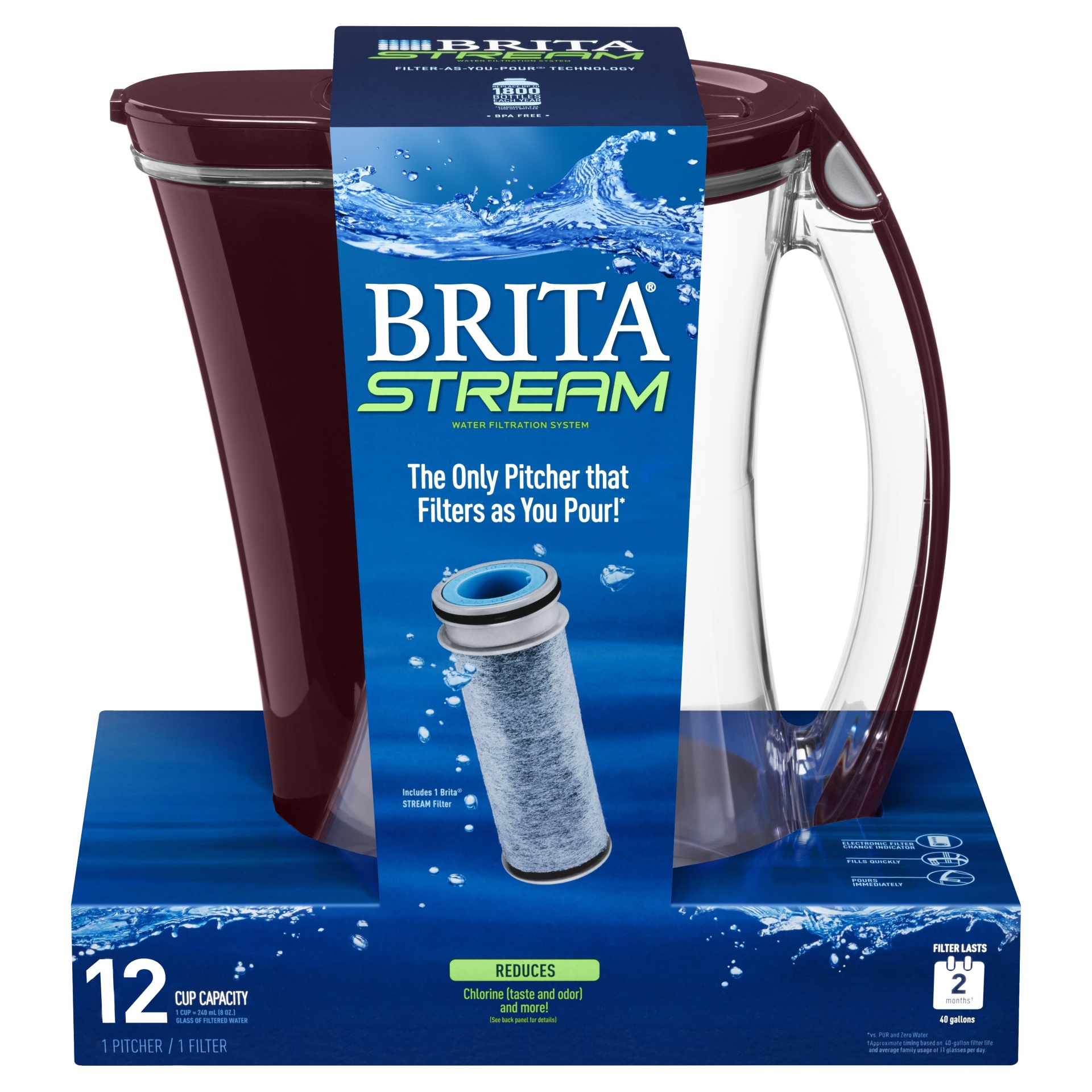 slide 1 of 4, Brita Stream Cascade Pitcher - Bordeaux, 12 cup