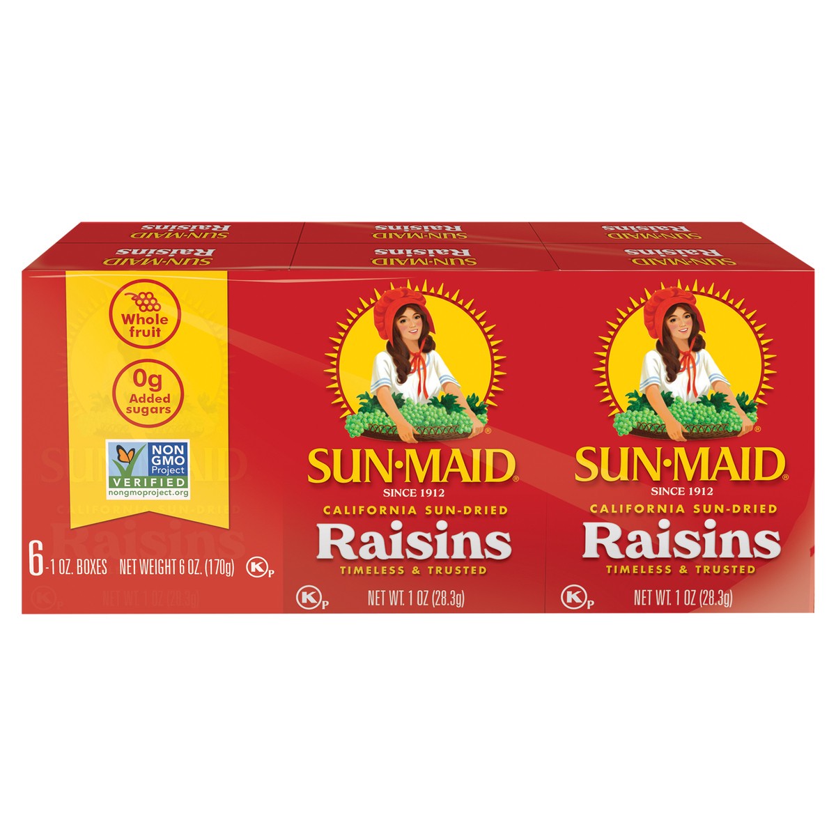 slide 1 of 9, Sun-Maid California Sun-Dried Raisins 6-Pack/1oz Cartons, 6 ct