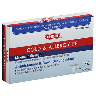 slide 1 of 1, H-E-B Cold & Allergy PE Maximum Strength Tablets, 24 ct